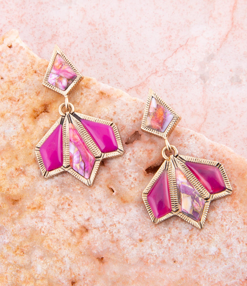 Pink Agate and Shell Matrix Golden Statement Earrings - Barse Jewelry