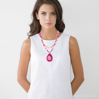 Pink Agate Golden Pendant Necklace - Barse Jewelry