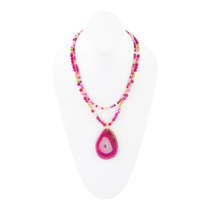 Pink Agate Golden Pendant Necklace - Barse Jewelry