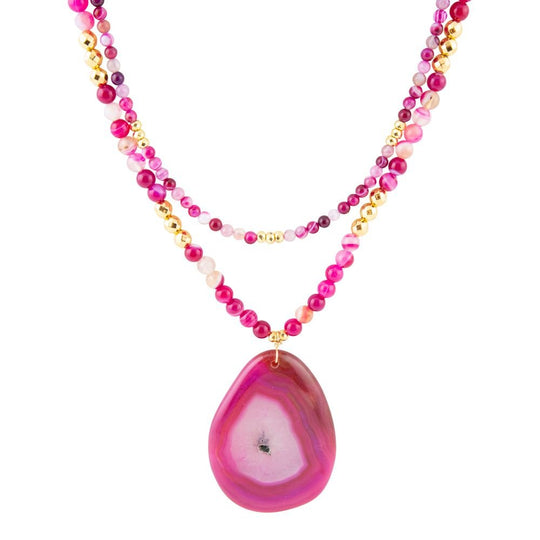 Pink Agate Golden Pendant Necklace