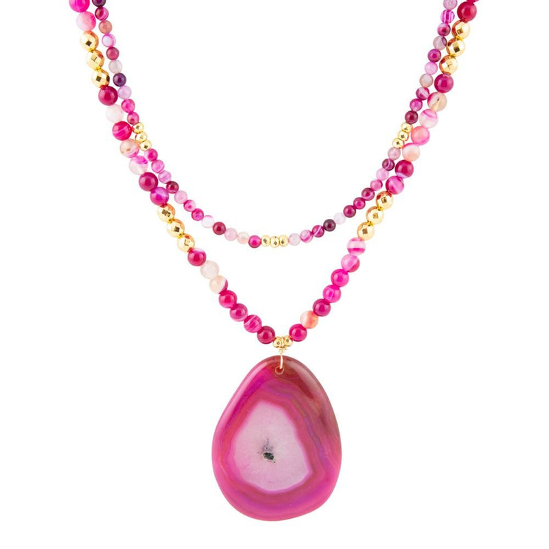 Pink Agate Golden Pendant Necklace - Barse Jewelry