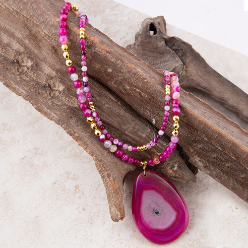 Pink Agate Golden Pendant Necklace - Barse Jewelry