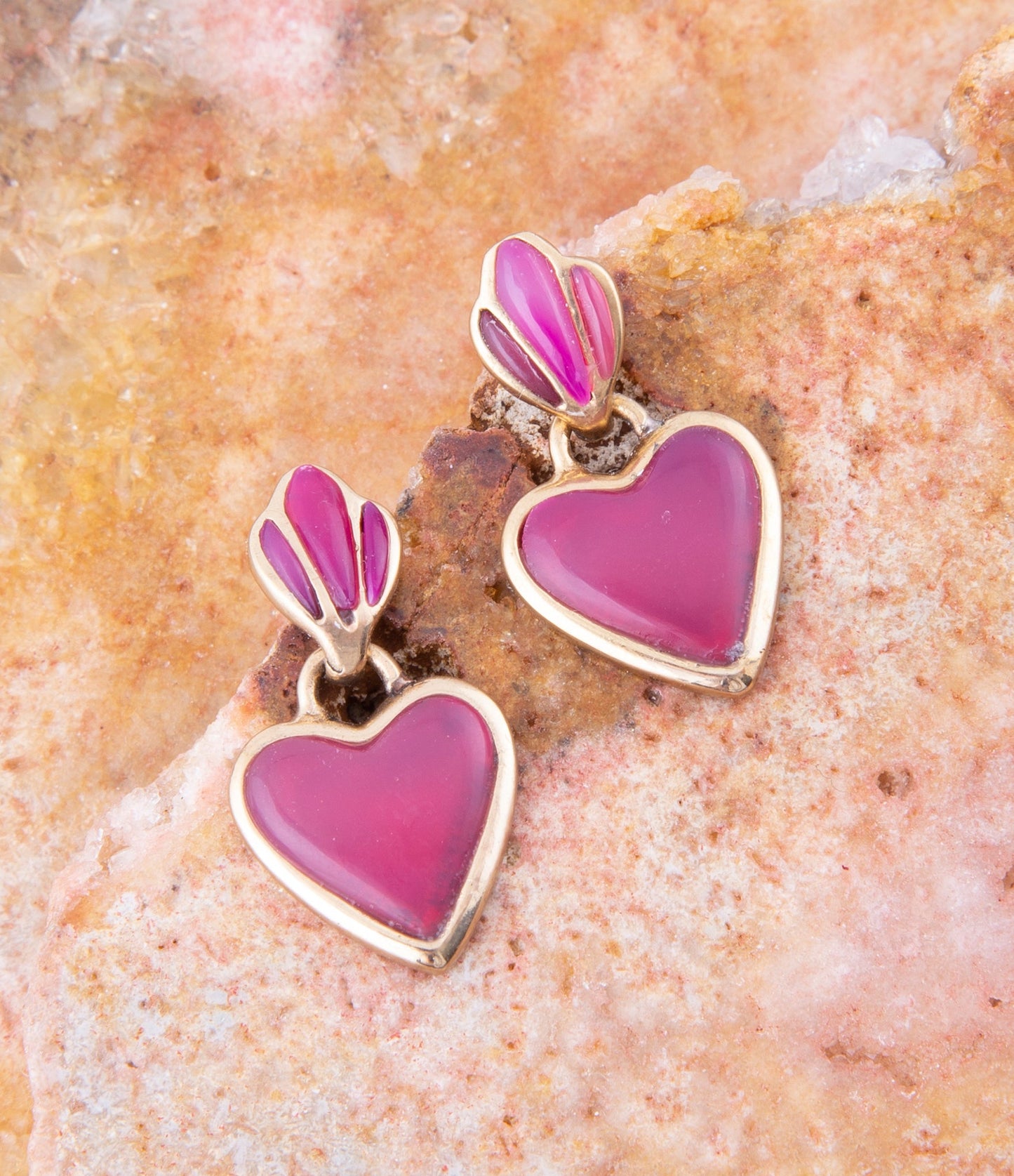 Pink Agate Heart Drop Golden Earrings - Barse Jewelry