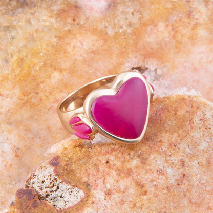 Pink Agate Heart Golden Statement Ring - Barse Jewelry