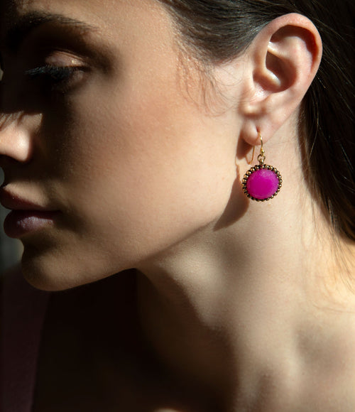 Pink Agate Round Golden Drop Earrings - Barse Jewelry