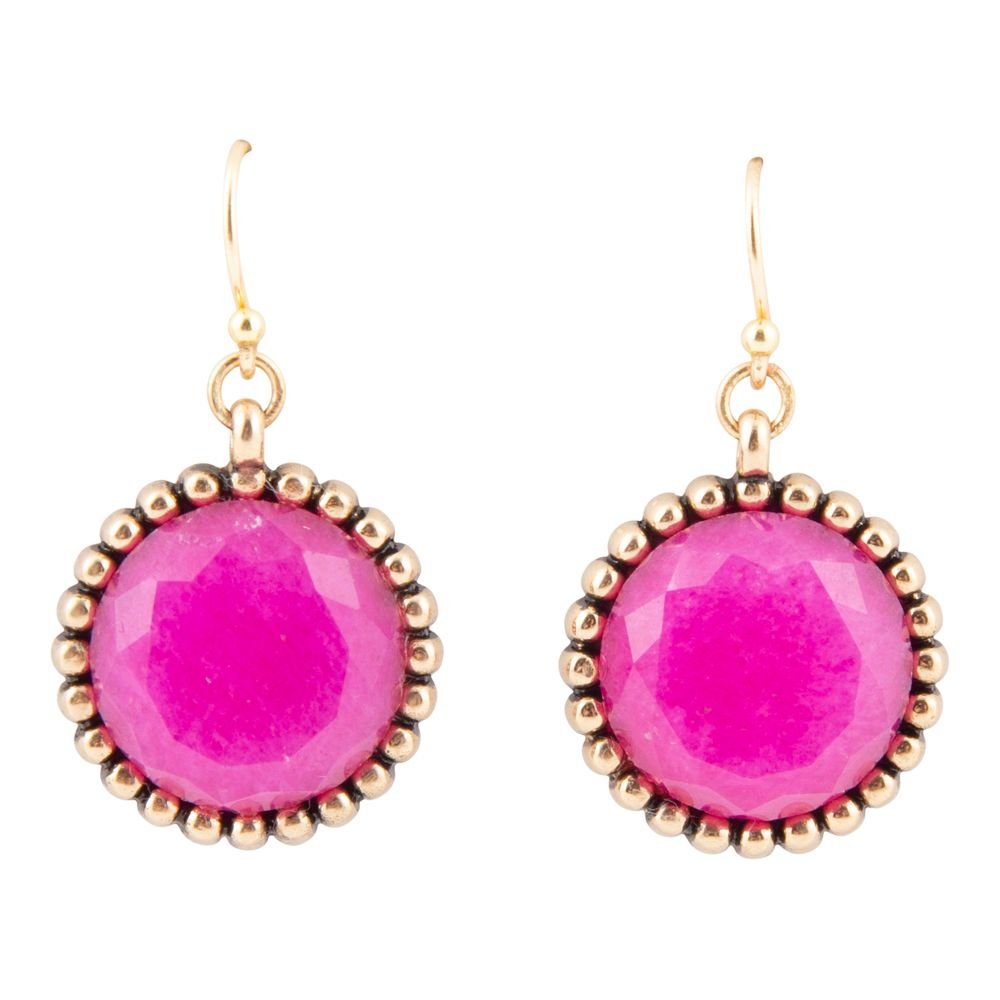 Pink Agate Round Golden Drop Earrings - Barse Jewelry