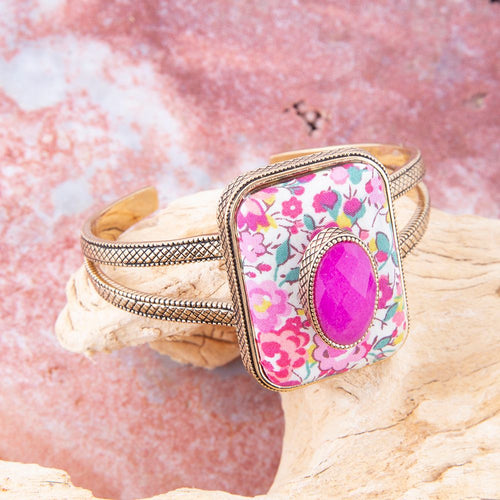 Pink Agate Stacked Stone Floral Cuff Bracelet - Barse Jewelry