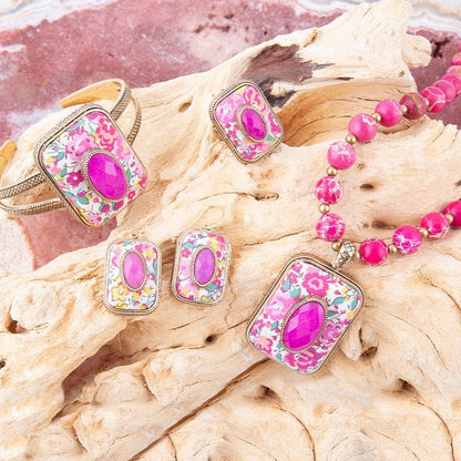 Pink Agate Stacked Stone Floral Cuff Bracelet - Barse Jewelry