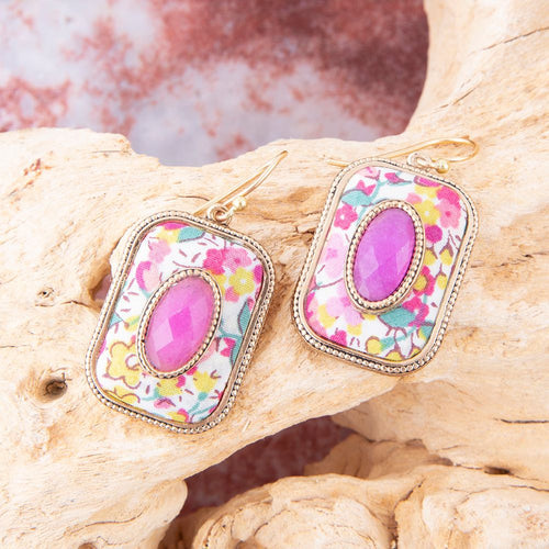 Pink Agate Stacked Stone Floral Golden Earrings - Barse Jewelry