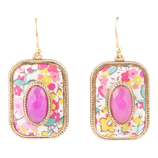 Pink Agate Stacked Stone Floral Golden Earrings