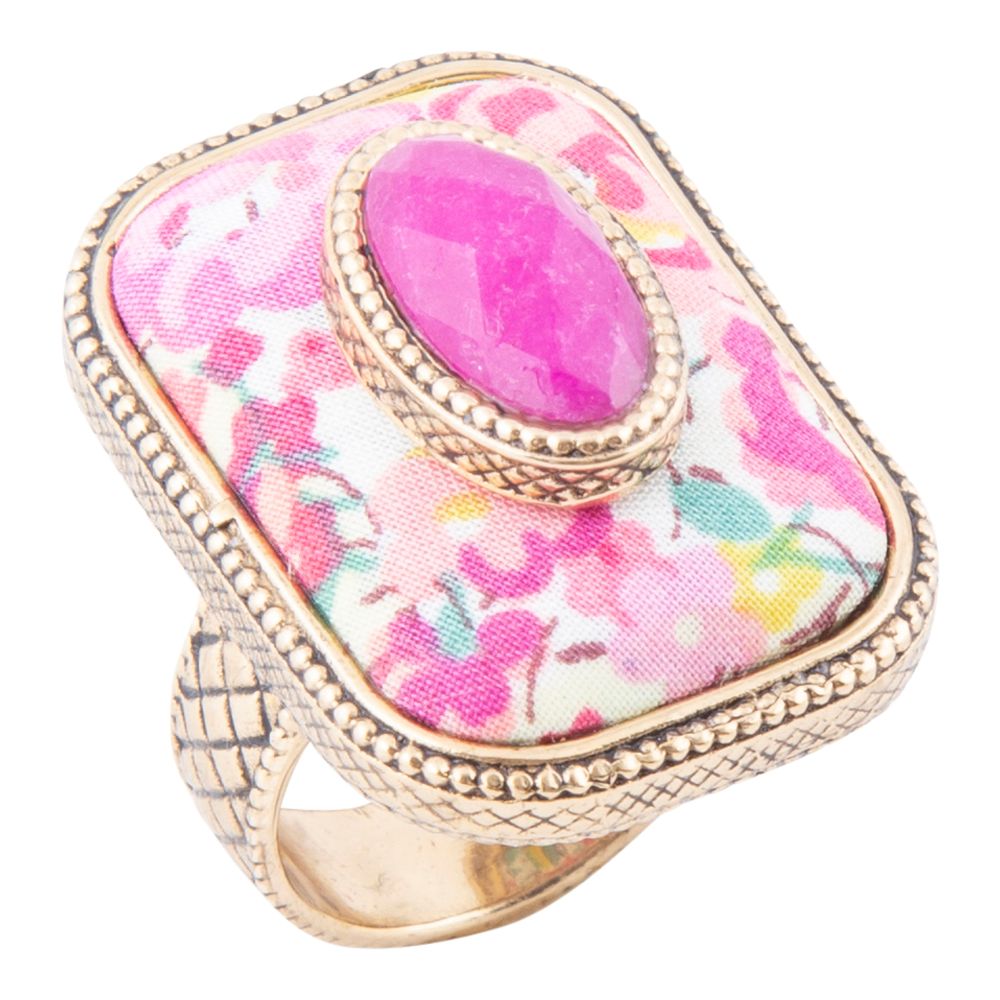 Pink Agate Stacked Stone Floral Golden Statement Ring - Barse Jewelry