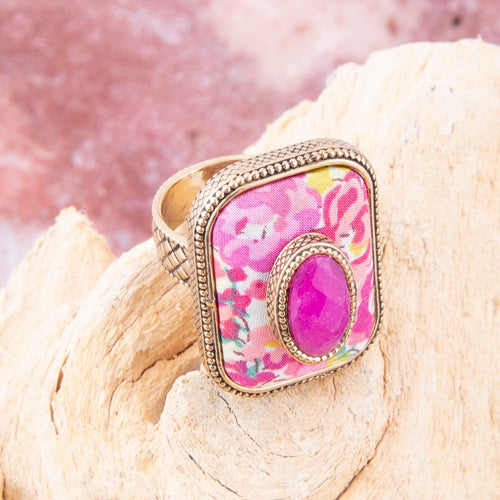 Pink Agate Stacked Stone Floral Golden Statement Ring - Barse Jewelry