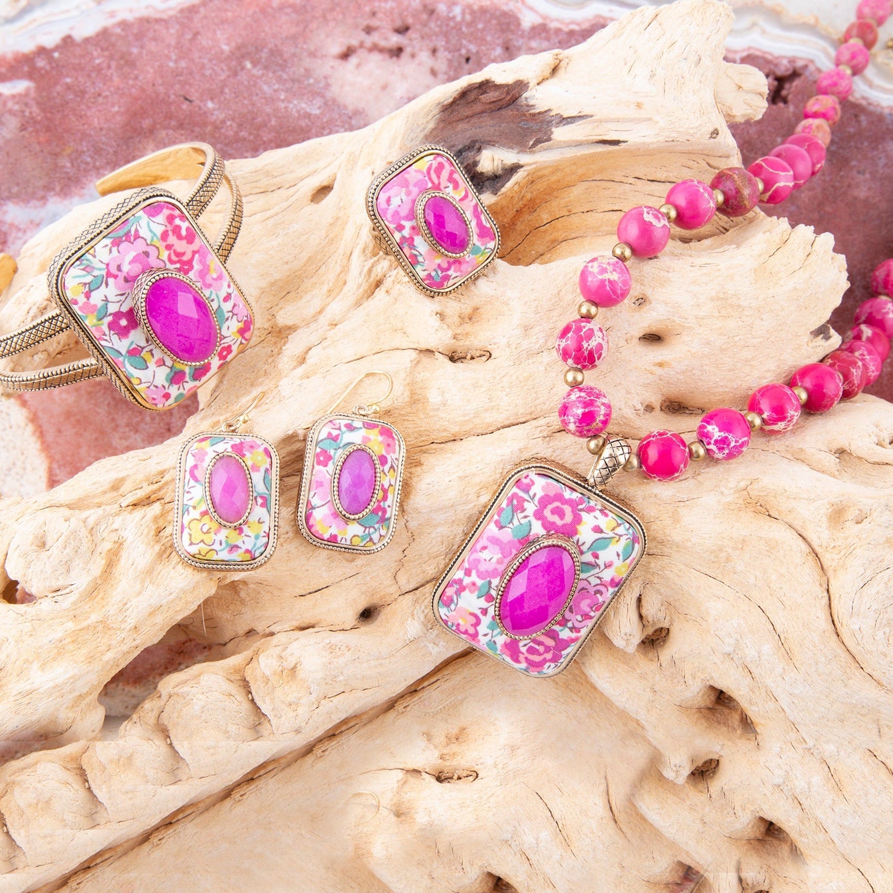 Pink Agate Stacked Stone Floral Pendant Necklace - Barse Jewelry