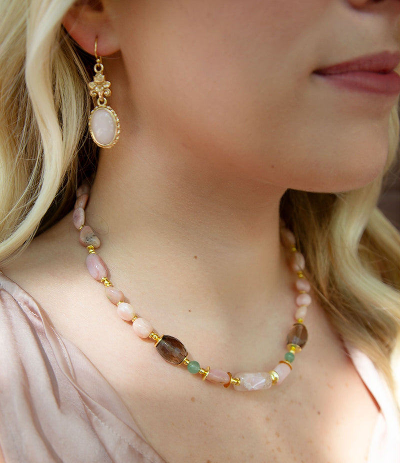 Pink Opal Golden Lotus Drop Earrings - Barse Jewelry