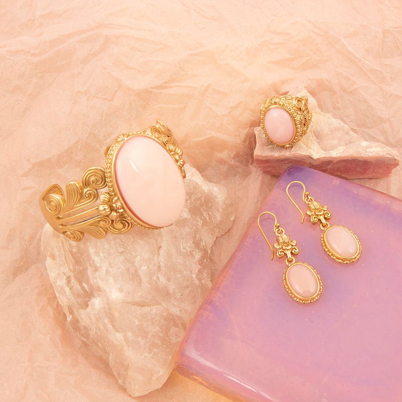 Pink Opal Golden Lotus Statement Golden Cuff Bracelet - Barse Jewelry