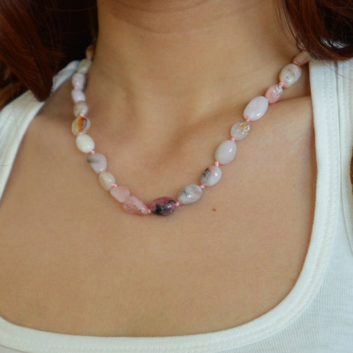 Pink Opal Nugget Knotted Golden Necklace - Barse Jewelry