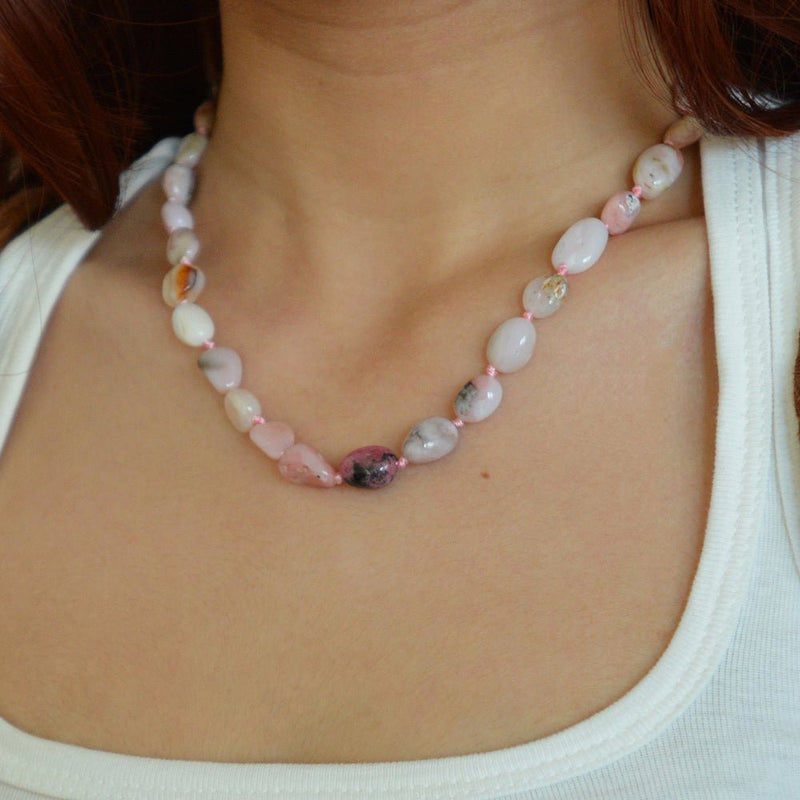 Pink Opal Nugget Knotted Golden Necklace - Barse Jewelry