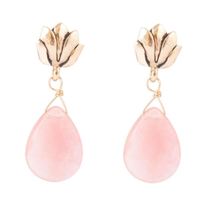Pink Quartz Golden Lotus Drop Earrings - Barse Jewelry