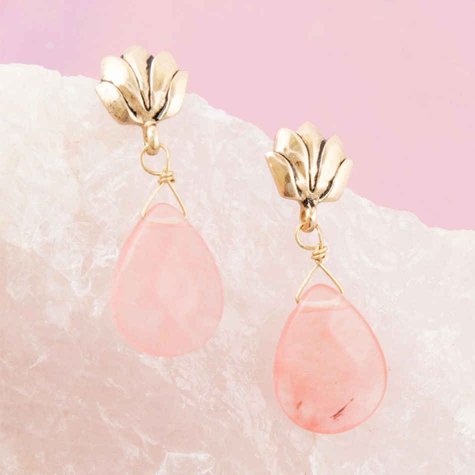 Pink Quartz Golden Lotus Drop Earrings - Barse Jewelry