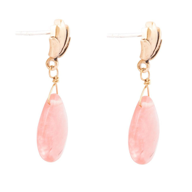 Pink Quartz Golden Lotus Drop Earrings - Barse Jewelry