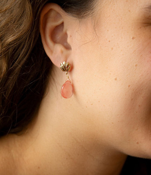 Pink Quartz Golden Lotus Drop Earrings - Barse Jewelry