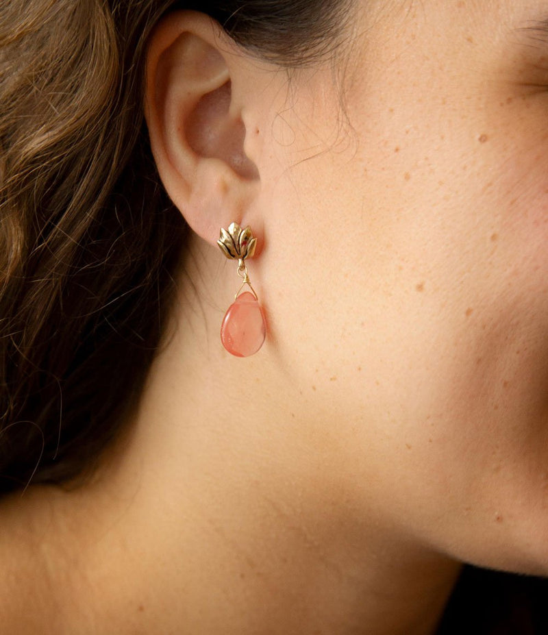 Pink Quartz Golden Lotus Drop Earrings - Barse Jewelry