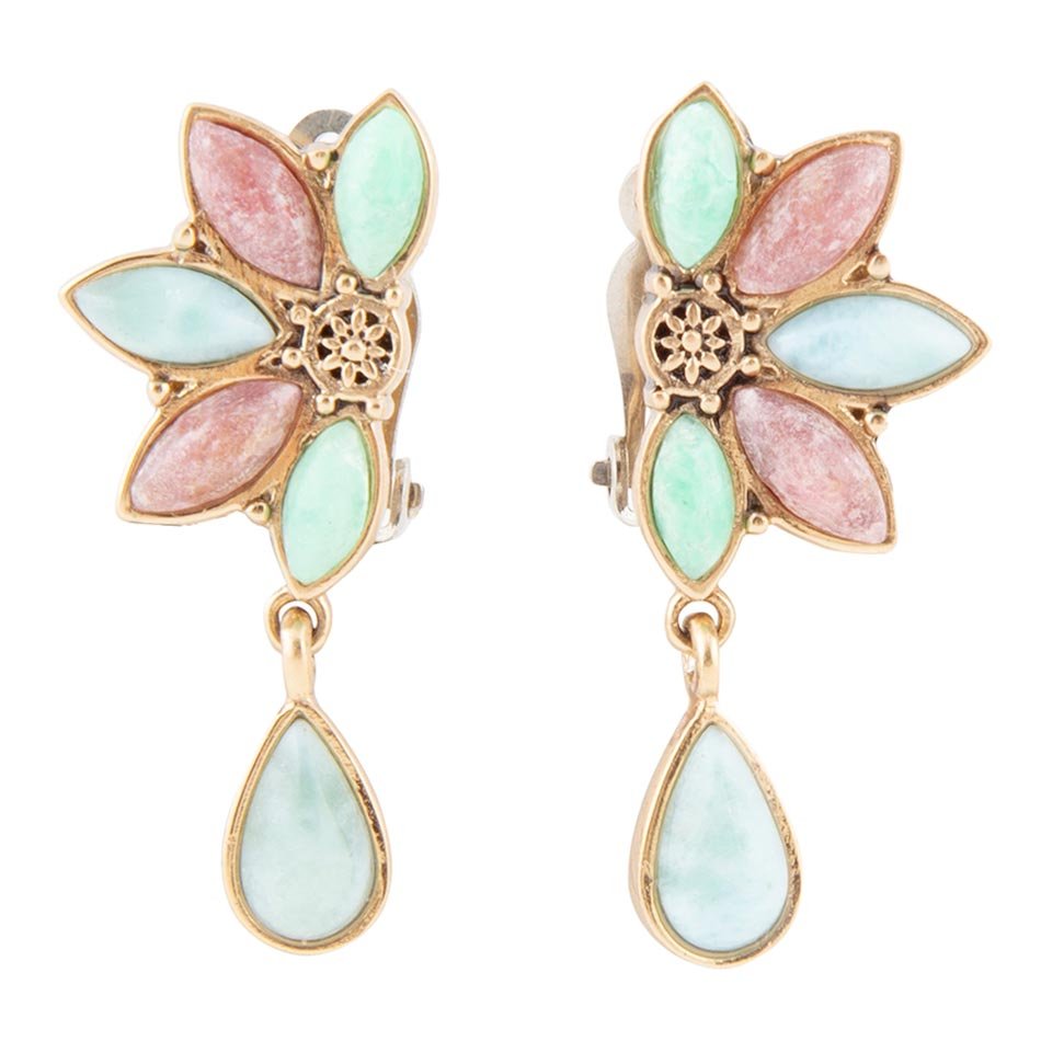 Pink Rhodonite, Amazonite, and Varacite Petals Golden Clip Earrings - Barse Jewelry