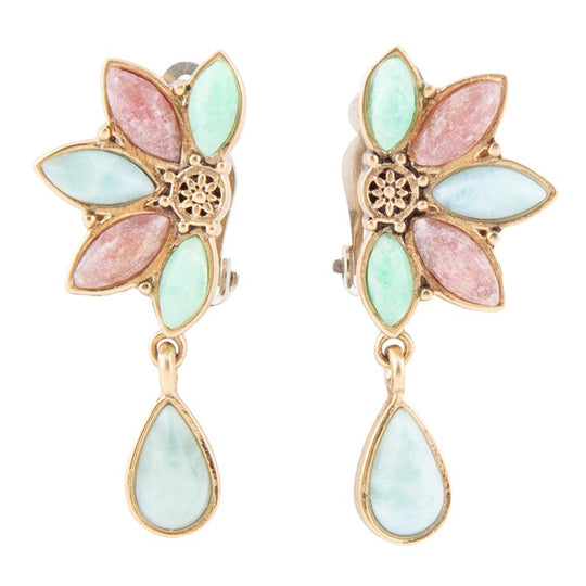 Pink Rhodonite Blue Amazonite and Varacite Petals Golden Clip Earrings