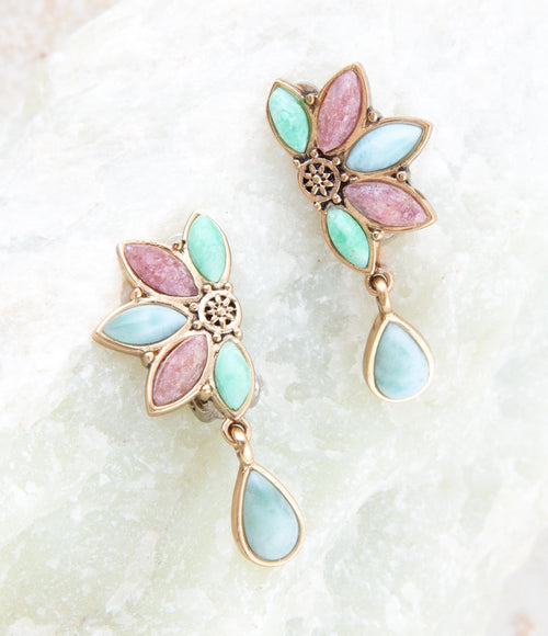 Pink Rhodonite, Amazonite, and Varacite Petals Golden Clip Earrings - Barse Jewelry