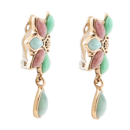 Pink Rhodonite, Amazonite, and Varacite Petals Golden Clip Earrings - Barse Jewelry