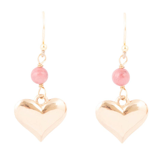 Pink Rhodonite and Golden Bronze Heart Charm Earrings