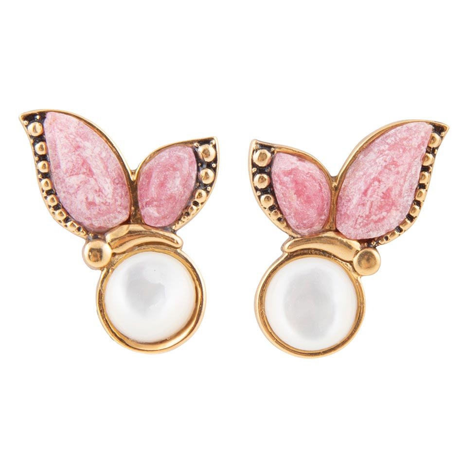 Pink Rhodonite and White Mother of Pearl Golden Butterflies Post Earrings - Barse Jewelry