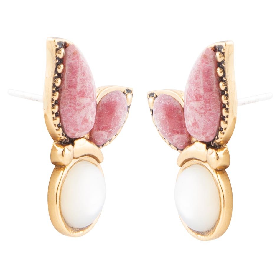Pink Rhodonite and White Mother of Pearl Golden Butterflies Post Earrings - Barse Jewelry