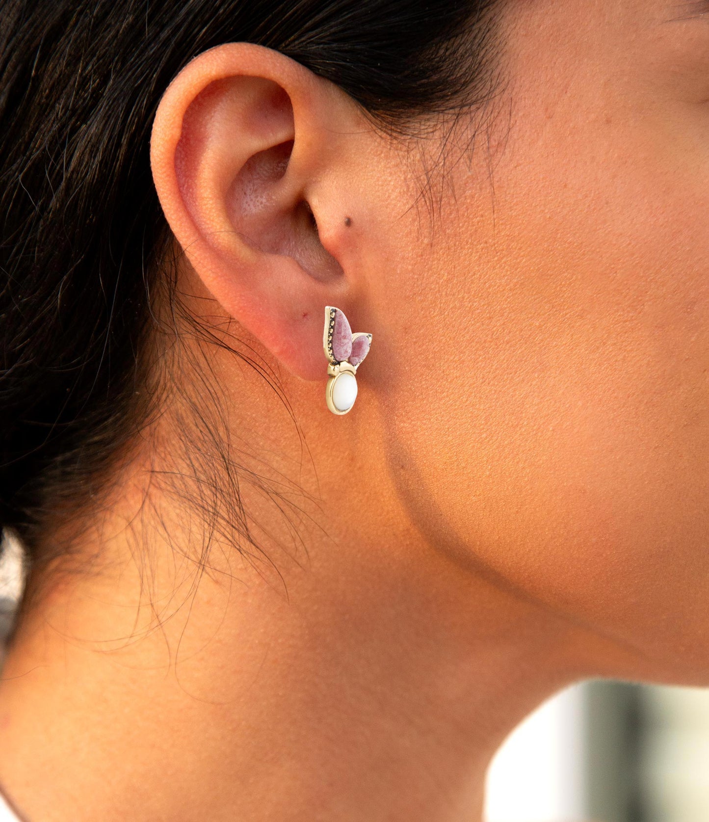 Pink Rhodonite and White Mother of Pearl Golden Butterflies Post Earrings - Barse Jewelry