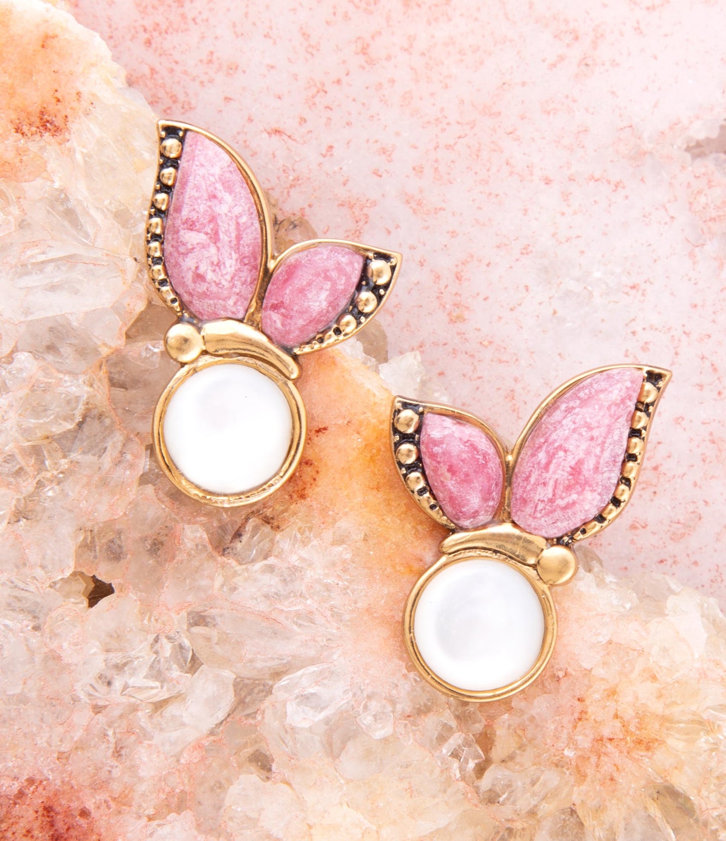 Pink Rhodonite and White Mother of Pearl Golden Butterflies Post Earrings - Barse Jewelry