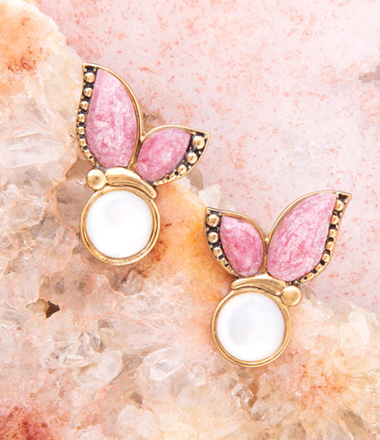 Pink Rhodonite and White Mother of Pearl Golden Butterflies Post Earrings - Barse Jewelry