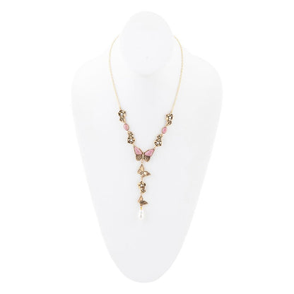 Pink Rhodonite and White Pearl Golden Butterflies Y Necklace - Barse Jewelry