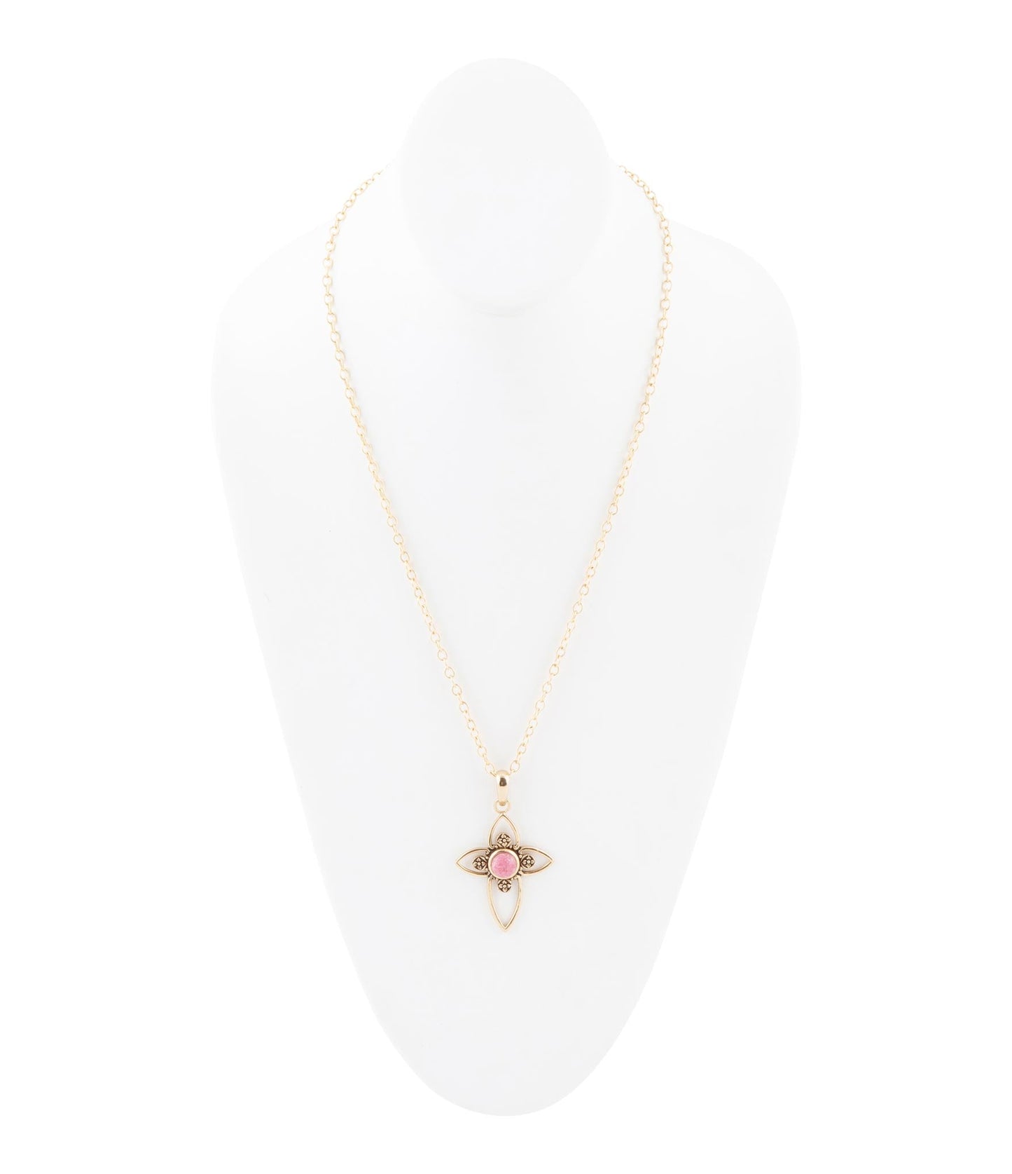 Pink Rhodonite Golden Cross Pendant Necklace - Barse Jewelry