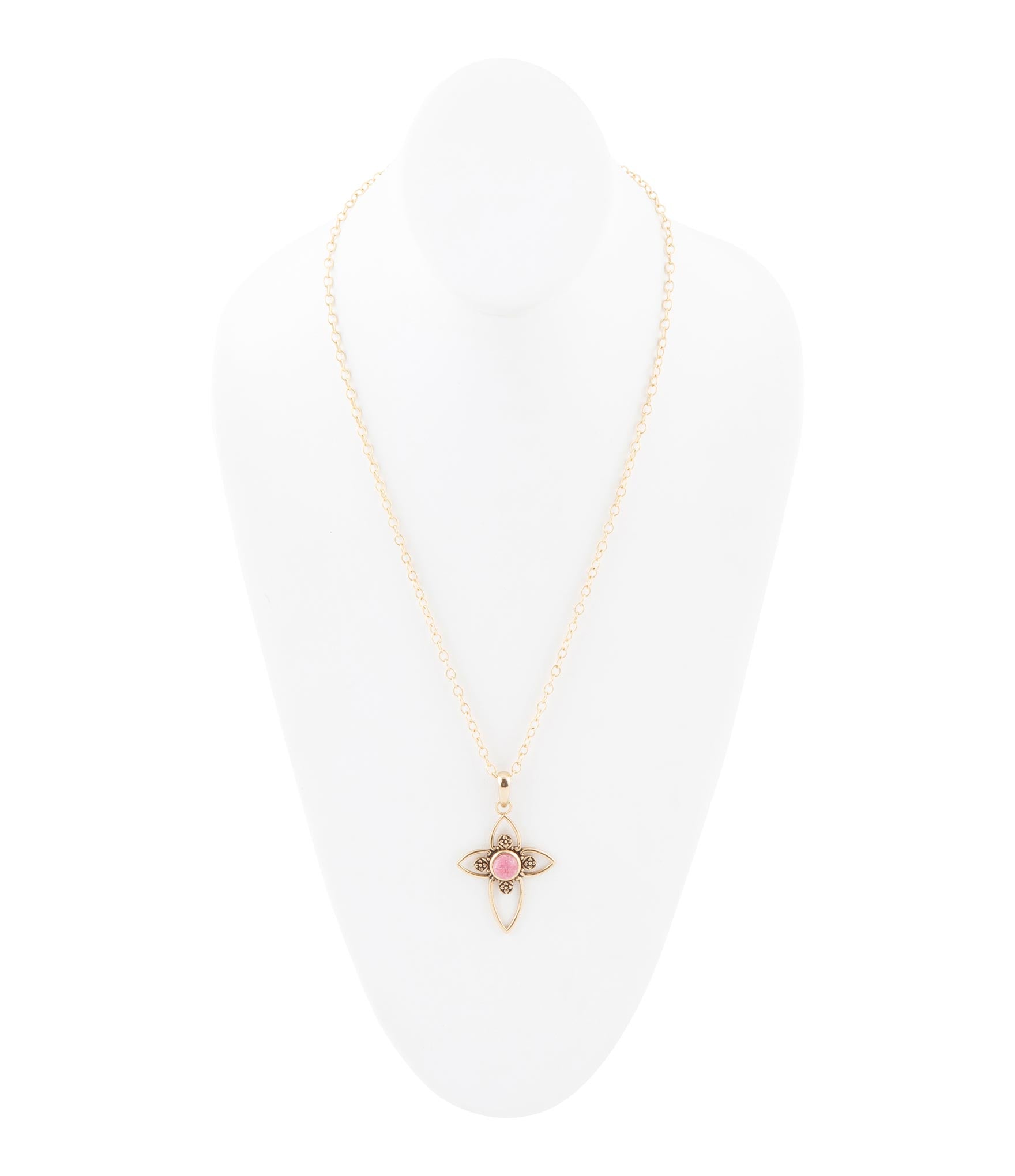 Pink Rhodonite Golden Cross Pendant Necklace - Barse Jewelry