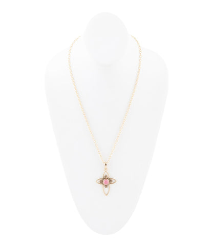 Pink Rhodonite Golden Cross Pendant Necklace - Barse Jewelry