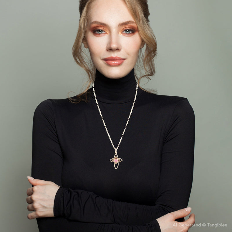 Pink Rhodonite Golden Cross Pendant Necklace - Barse Jewelry
