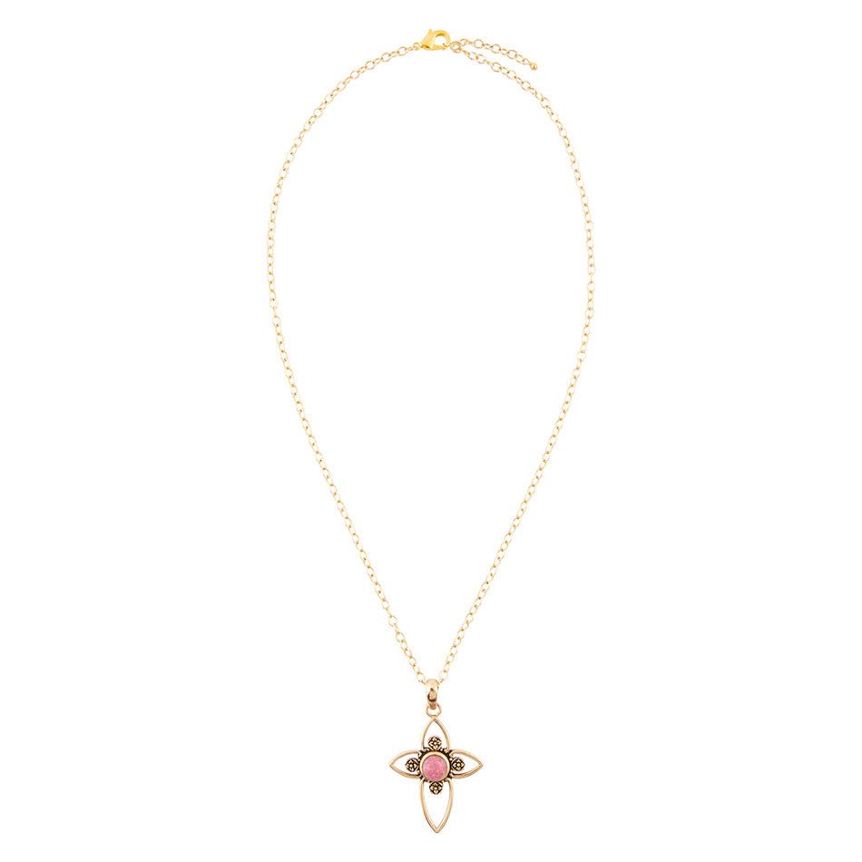 Pink Rhodonite Golden Cross Pendant Necklace - Barse Jewelry
