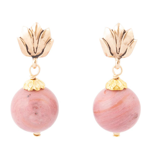 Pink Rhodonite Golden Lotus Drop Earrings