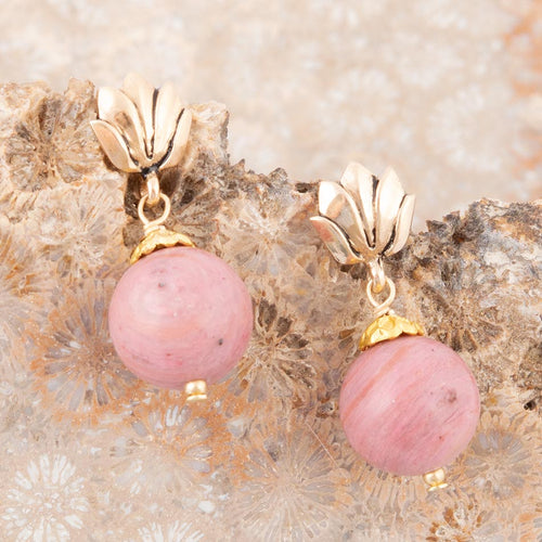 Pink Rhodonite Golden Lotus Drop Earrings - Barse Jewelry