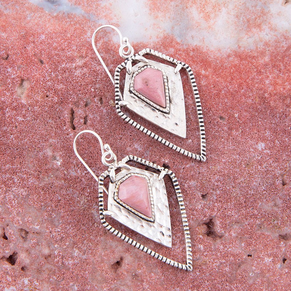 Pink Rhodonite Shield Sterling Silver Drop Earrings - Barse Jewelry