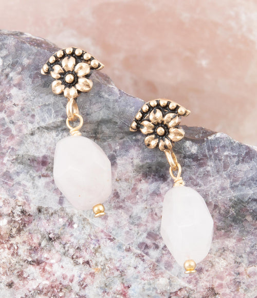 Pink Rose Quartz Golden Floral Drop Earrings - Barse Jewelry