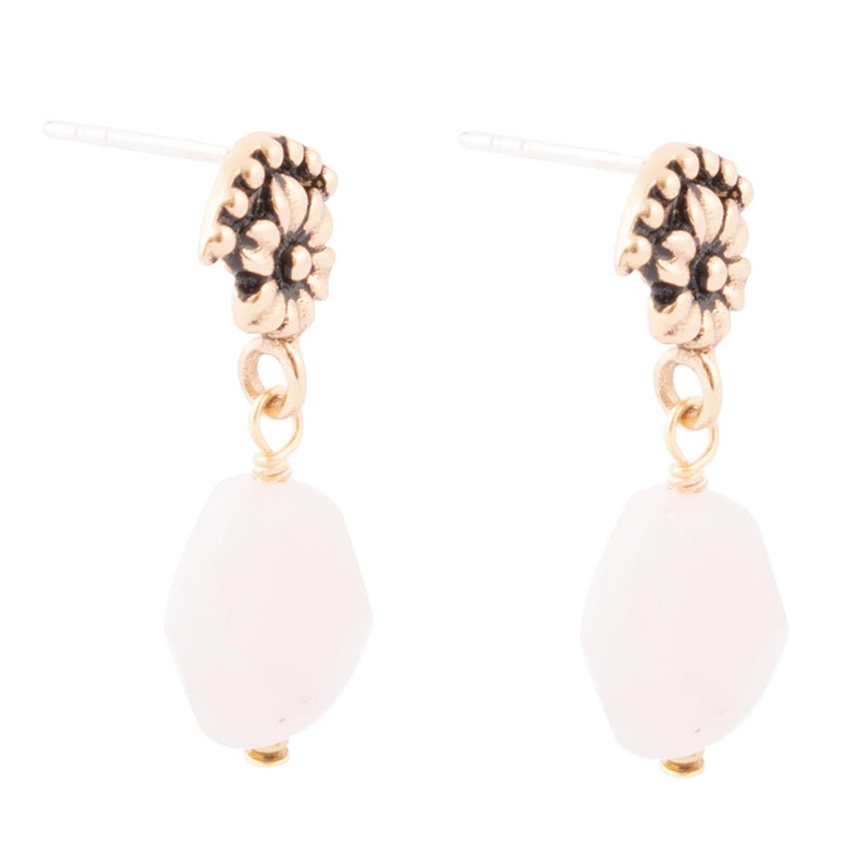 Pink Rose Quartz Golden Floral Drop Earrings - Barse Jewelry