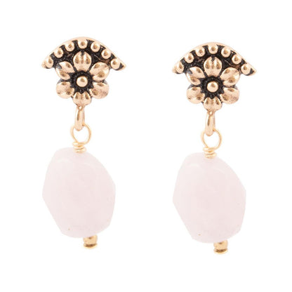 Pink Rose Quartz Golden Floral Drop Earrings - Barse Jewelry