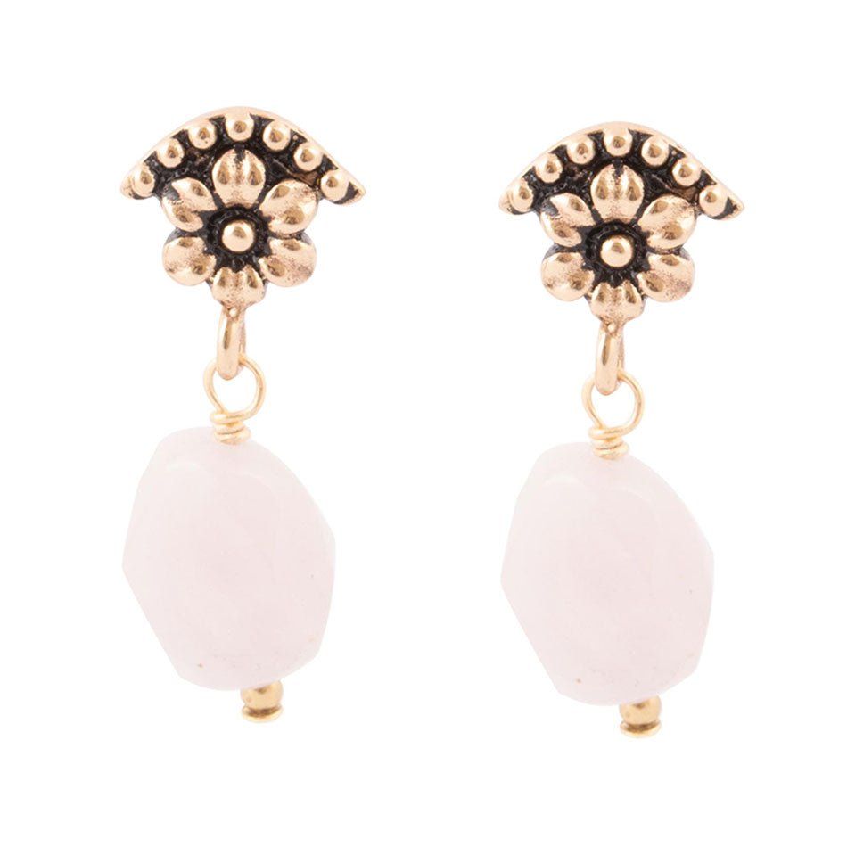 Pink Rose Quartz Golden Floral Drop Earrings - Barse Jewelry