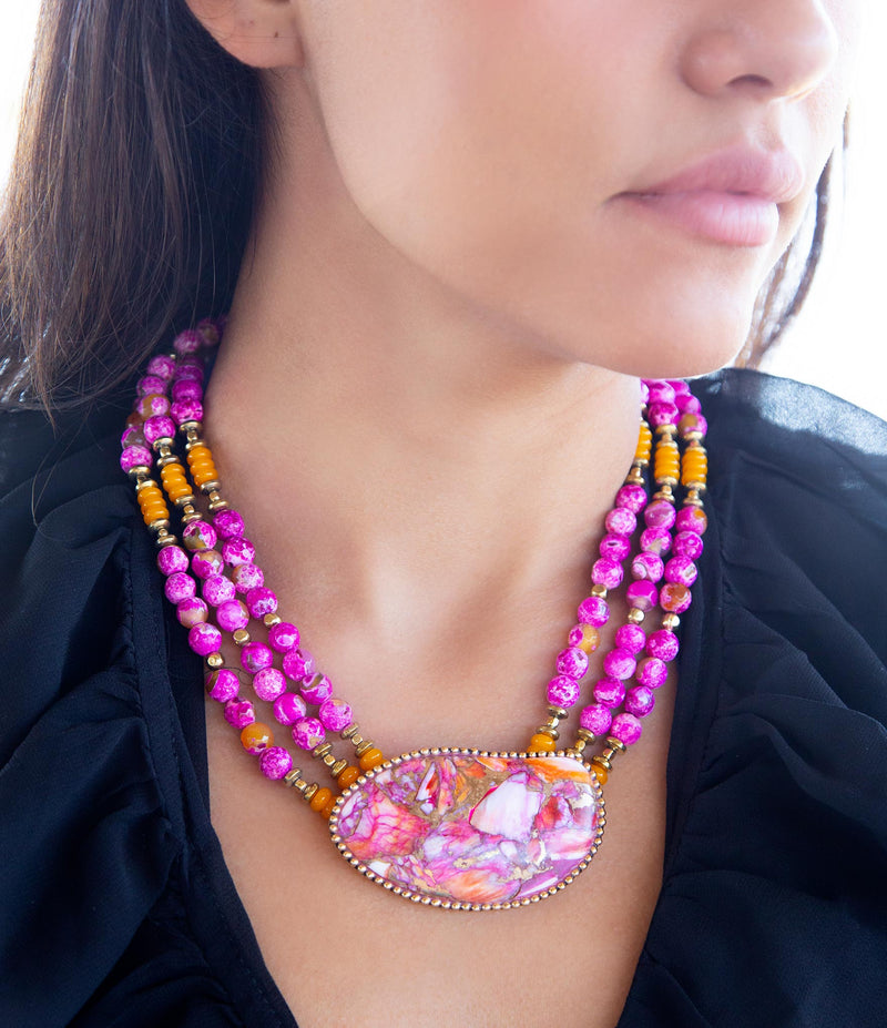 Pink Starburst Shell Statement Golden Necklace - Barse Jewelry